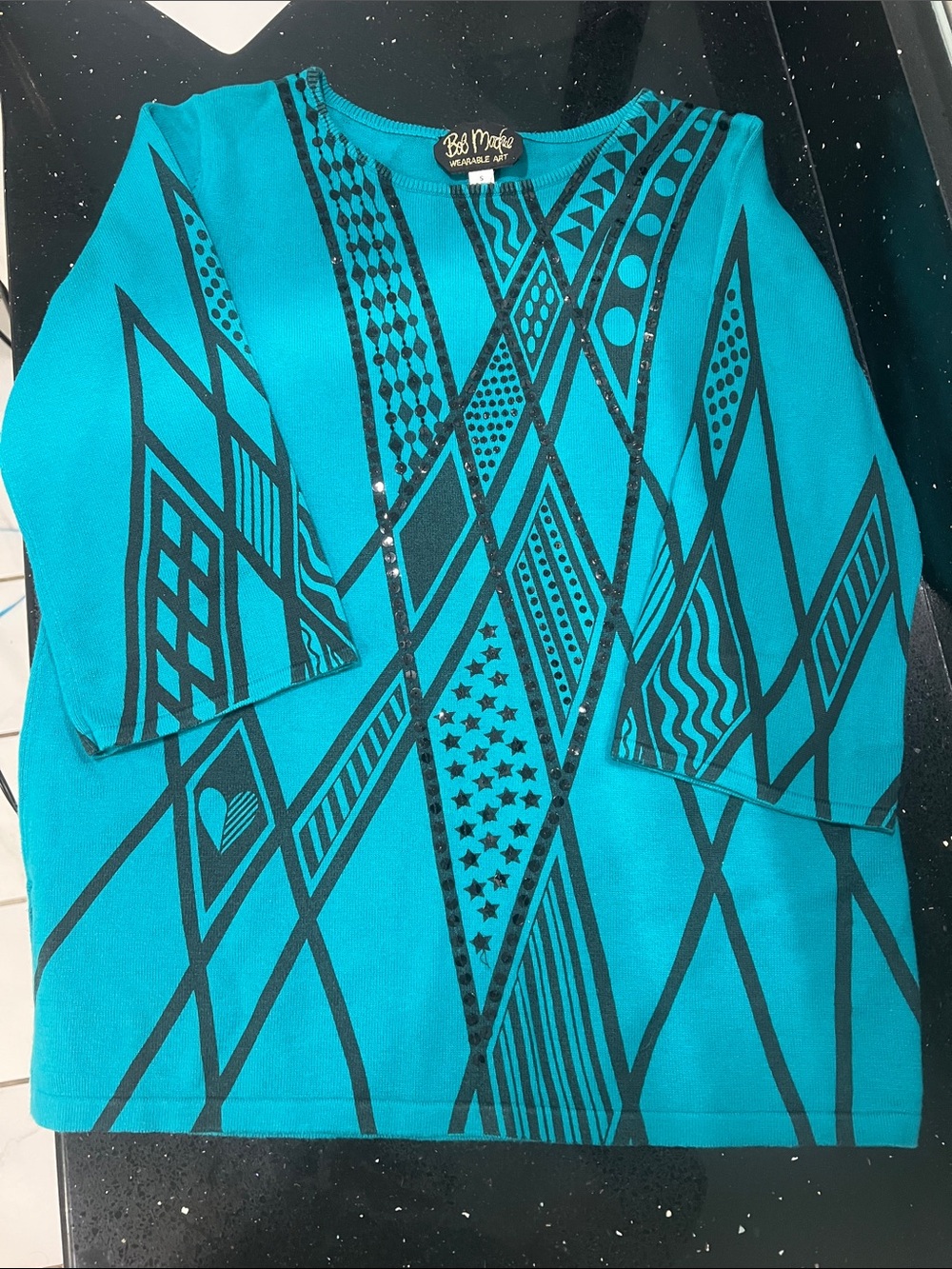 Bob Mackie Teal Long Sleeve Geometric Print Top - Size Small - Wearable Art